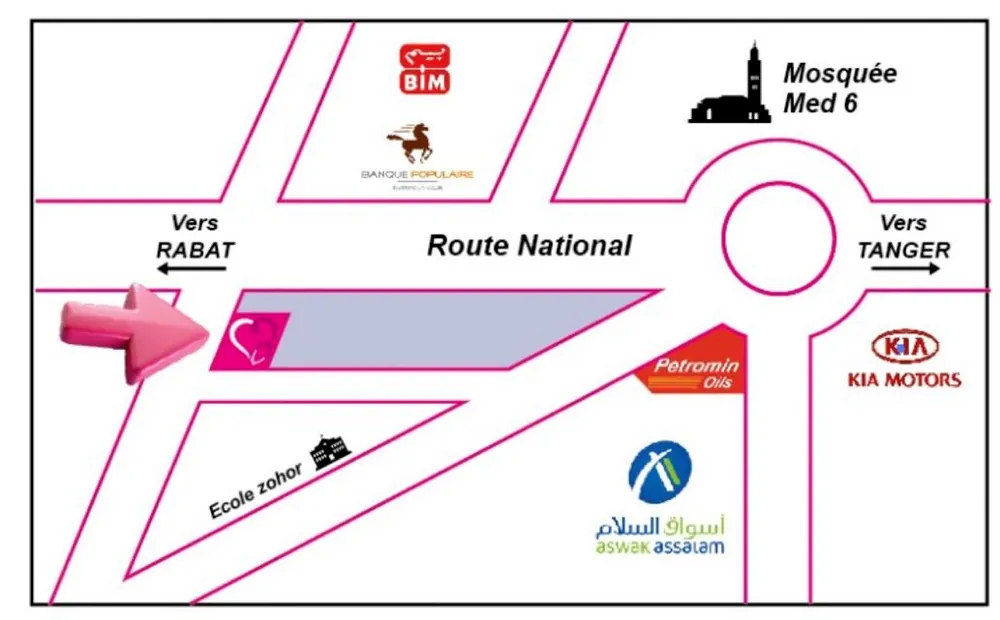 Plan d'accès : le cabinet se trouve sur la route nationale, en face d'Aswak Assalam, entre Rabat et Tanger